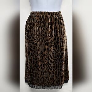Clio M Skirt Leopard Animal Print Elastic Waist Seed Bead Fringe Hem Velour